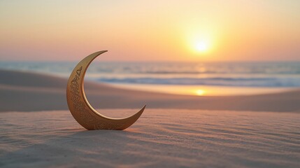 Serene beach scene during Ramadan with a golden crescent moon on the sand at sunset