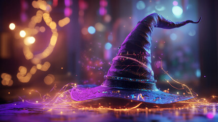 Close-up of a witch&acirc;s hat in an inclusive cultural fantasy setting, mixed decorative elements, soft glowing magical light trails, neutral stock aesthetic