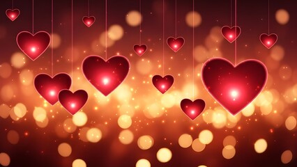 Romantic greeting card design with glowing crimson hearts suspended in a soft, bokeh-blurred field of light