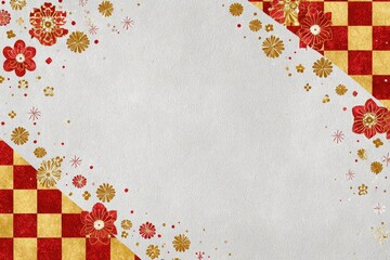 Japanese Red Gold Flowers and Checkered Pattern Background - Festive Asian Celebration