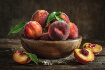 Juicy Peaches in Wooden Bowl, Freshly Harvested, Warm Lighting, Rustic Background, Food Photography