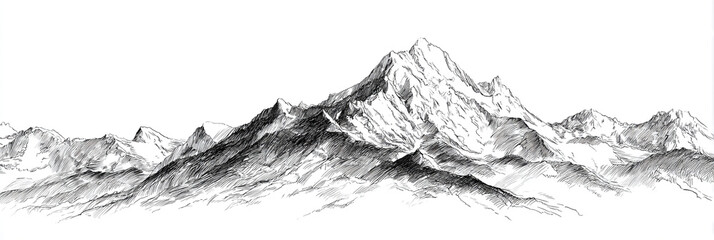 A detailed black and white drawing of a majestic mountain range