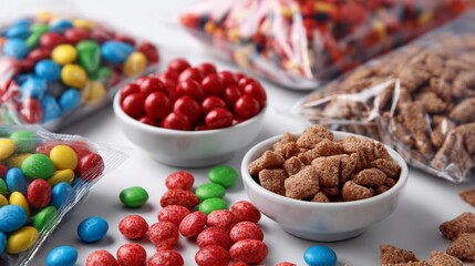 Colorful candies and chocolate treats arranged in bowls for sweet snack branding and vibrant product photography visual composition