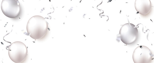 silver balloons, design banner with ribbons and confetti