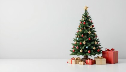 Composition with Christmas tree and gifts isolated on white background