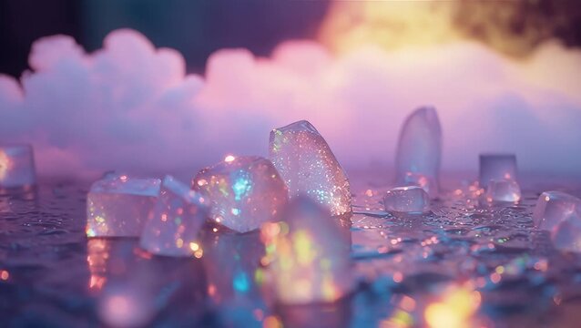 Colorful Ice Cubes on Wet Surface with Fog Effect