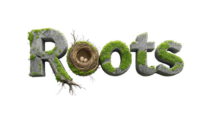 Mossy Stone Roots Text with Bird Nest