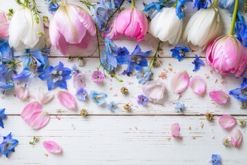 Pink and White Tulips with Blue Delphiniums Scattered on White Wooden Surface