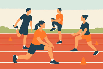 Obraz premium Group of athletes stretching on a running track before a race.