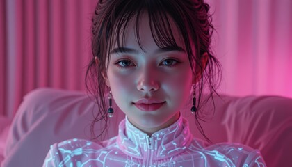 Portrait of a young woman wearing a pink tech suit with glowing circuits