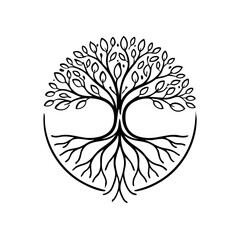 Minimal monoline tree with visible roots emblem, smooth continuous lines