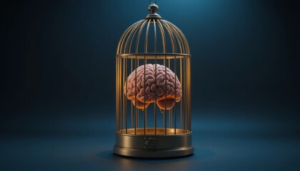 Surreal of a human brain floating inside a vintage golden birdcage, psychology power control concept. Caged brain symbolizes confinement of thoughts and ideas.