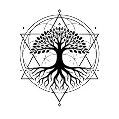 Tree and roots combined with subtle sacred geometry shapes, precise linework