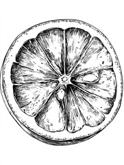 A detailed black and white illustration of a cut citrus fruit