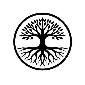 Tree with exposed roots enclosed in a circular badge, bold silhouette