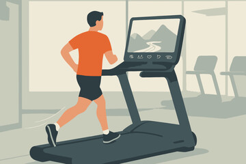 Fototapeta premium Man Running on Treadmill with Scenic Display in Gym.