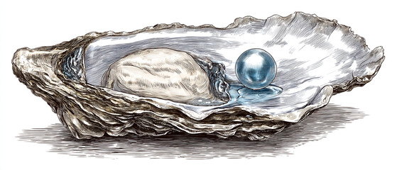 A large oyster shell with a pearl inside on a white background