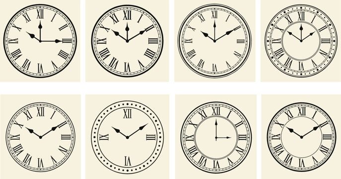 Vintage set of elegant round clock faces with roman numerals and classic hands isolated on cream background for decorative interior design and watchmaking.