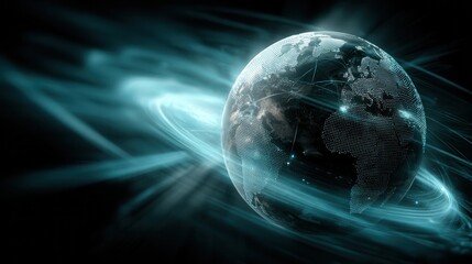 an abstract digital space 3D graphs and a rotating hologram of the globe.