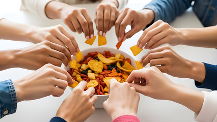 A closeup of a diverse group of people and a wedding couple holding hands to show beautiful skin, manicure nail care, and business love