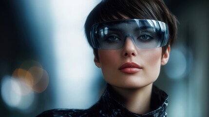 A beautiful woman with short hair wears futuristic, see-through glasses and high-tech gear. This close-up portrait features a futuristic city backdrop and cool tones with a blurred background.
