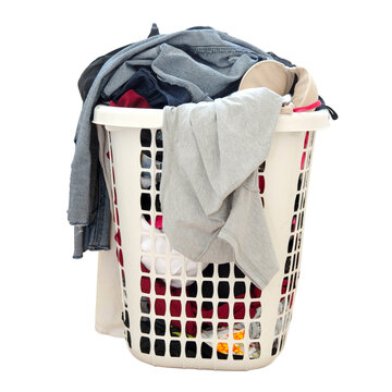 Overflowing White Laundry Basket with Dirty Clothes Isolated