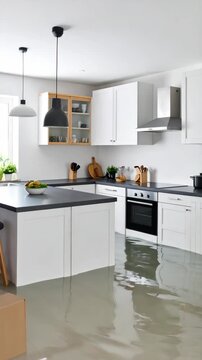 Flooded kitchen interior with water covering the floor, indicating potential damage and cleanup needed for the residence.