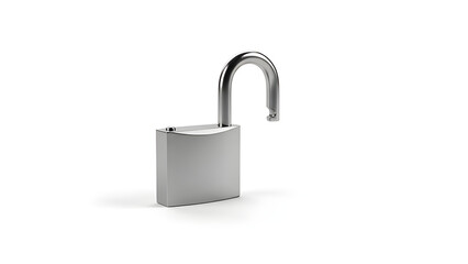 A solid chrome metal padlock with a steel key remains closed and isolated on a white background as a secure symbol of safety and protection