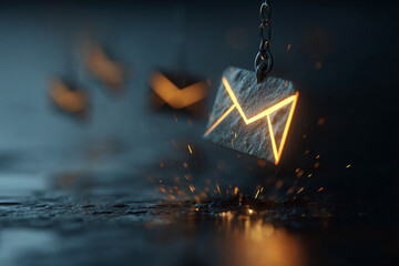 A glowing envelope icon hangs from a chain in a dark scene