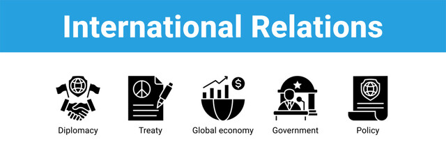 Obraz premium International Relations web banner icon vector illustration concept , with icon of Diplomacy, Treaty, Global economy.