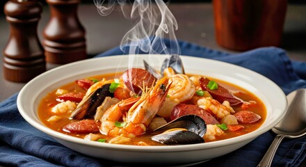 Decadent Louisiana Gumbo Macro Shot with Shrimp and Sausage and Dramatic Backlighting