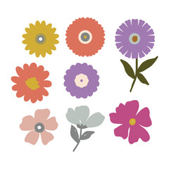 Set Of Flowers Icon, Colorful Flower Illustrations with Unique Petal and Center Designs.