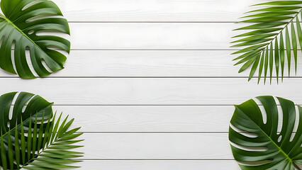 Tropical green leaves on white wooden background flat lay composition  