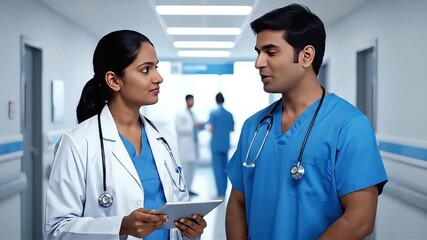 Indian nurse and medical staff discussing patient records in a hospital corridor