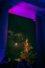 Iconic Berlin Cathedral Covered in Snow at Winter Time night