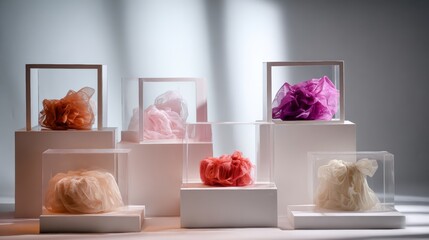 Luxurious cosmetic bath products with flowers on white platform display for spa and wellness presentation