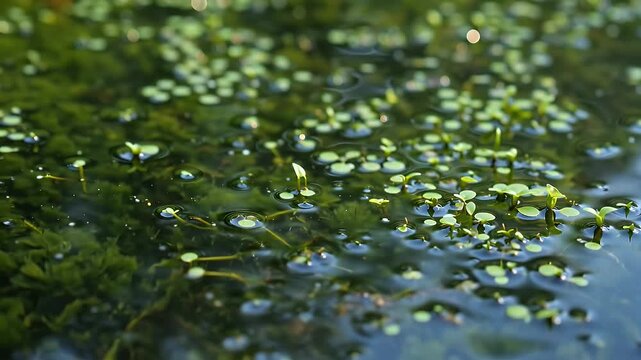 Close-up view of a tranquil pond surface covered with duckweed and sunlit green leaves