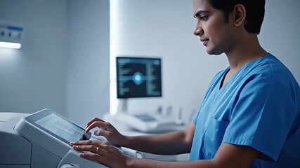Indian nurse operating medical equipment in a modern hospital room with advanced technology