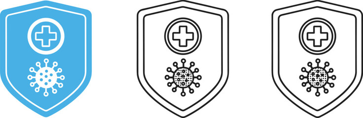 Fototapeta premium Medical immune system protection shield icons featuring cross symbol and virus bacteria cells in blue and outline styles.