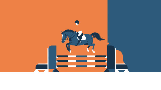 Rider on Horseback Jumping over Obstacle in Equestrian Event Illustration