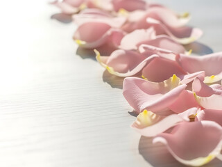 Pink rose petals arranged on a white background in soft light  