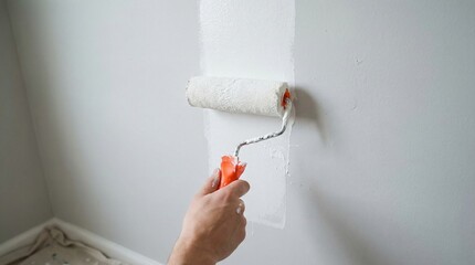Hand painting wall with white roller in home renovation