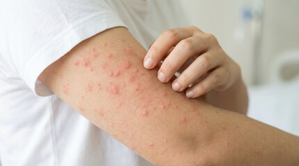 Person scratching arm with skin rash or allergic reaction