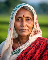 Indian senior woman wearing traditional sari and bindi