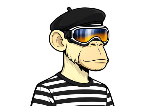 Ape avatar profile in striped shirt, ski goggles, and black beret on solid black background. NFT style illustration.