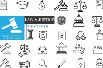 Law & Justice Line Icons Set &ndash; Legal Court, Lawyer, Judge, Judiciary, Police & Law Enforcement Editable Stroke