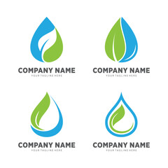 Blue water drop logo design with green leaves