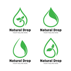 Natural water drop logo with green leaf elements