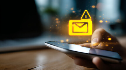 A hand holding a smartphone with a warning email notification icon