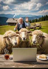 A corporate video conference of employees and executives. Three sheep stare at a laptop screen against the backdrop of a screaming old man in the countryside.
